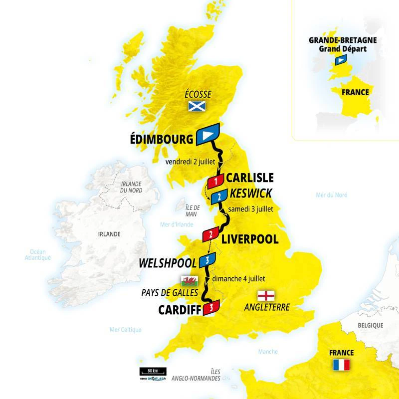 Map of the 2027 Tour de France Grand Départ route in Great Britain, from Edinburgh to Carlisle, Keswick to Liverpool and Welshpool to Cardiff