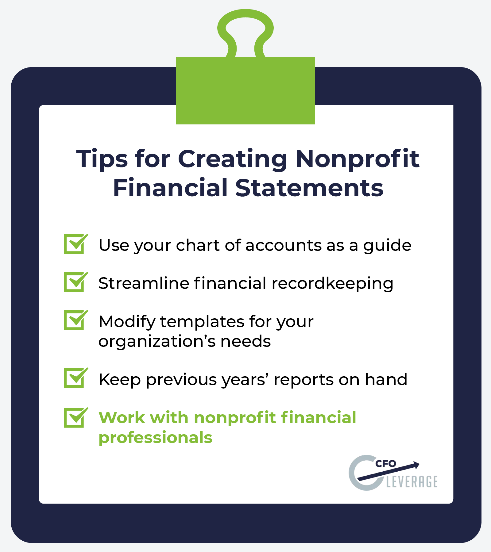 A checklist of five tips for creating nonprofit financial statements, which are discussed below.