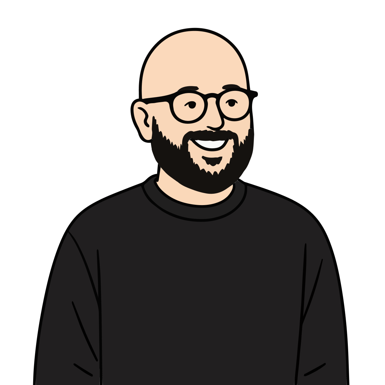 Illustration of a smiling bald man with glasses and a black beard wearing a black shirt.