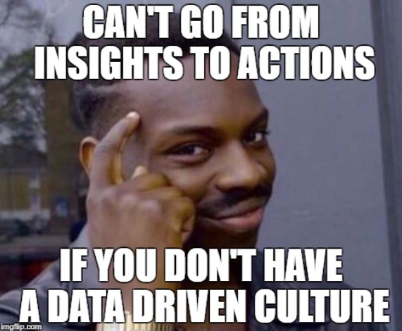 Meme: man tapping his temple with text reading "Can't go from insights to actions if you don't have a data driven culture"