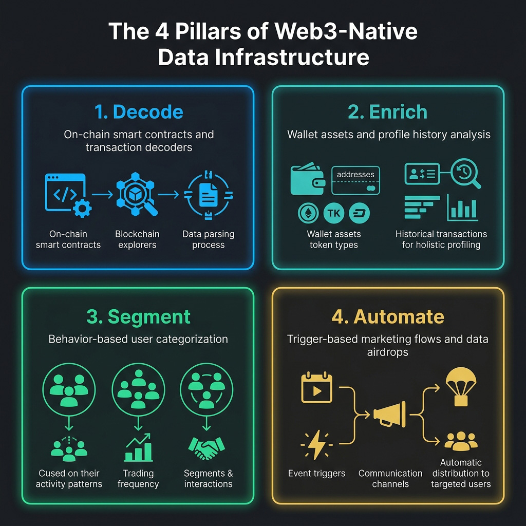A technical dark-mode 2x2 grid infographic displaying the 4 Pillars of Web3-Native Data Infrastructure. Pillar 1 (Decode) focuses on raw transaction decoding; Pillar 2 (Enrich) handles asset history profile building; Pillar 3 (Segment) categorizes users based on behaviors; and Pillar 4 (Automate) triggers marketing events and airdrops.