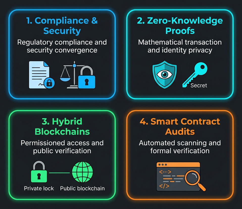 Infographic displaying four blockchain security trends for Web3 in 2025: Regulatory Compliance (security convergence), Zero-Knowledge Proofs (transaction privacy), Hybrid Blockchains (permissioned access), and Smart Contract Auditing (automated scanning).