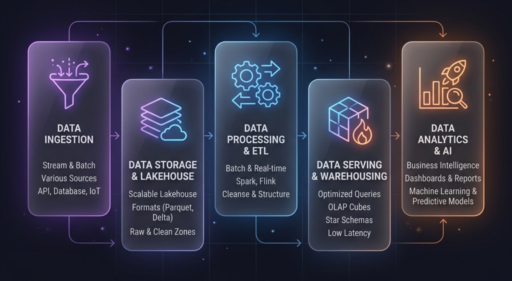 A clean, dark-themed infographic diagram displaying a 5-step B2B data architecture roadmap. Simple glassmorphic cards with glowing neon borders in purple, blue, and orange are arranged with clean typography and spacious margins. Flat icons correspond to each step: Audit & Map Sync Latency, Reverse ETL Activation, API-First MAP Instrumentation, Agentic API Support, and Warehouse-First Foundation.