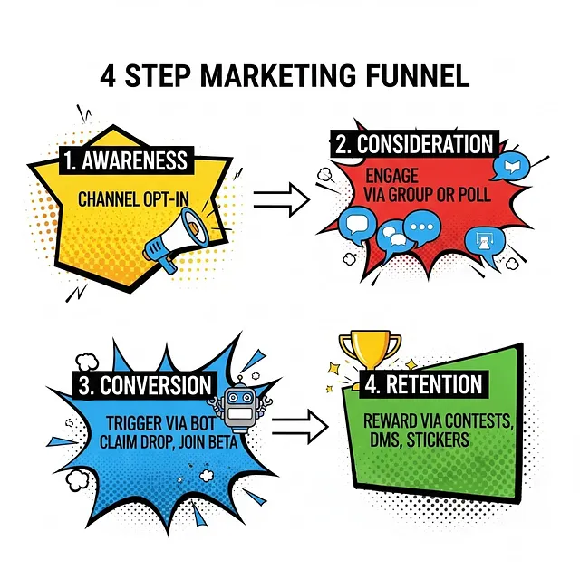 Four-step Telegram marketing funnel: awareness via channel opt-in, consideration via group or poll, conversion via bot, and retention via contests and DMs