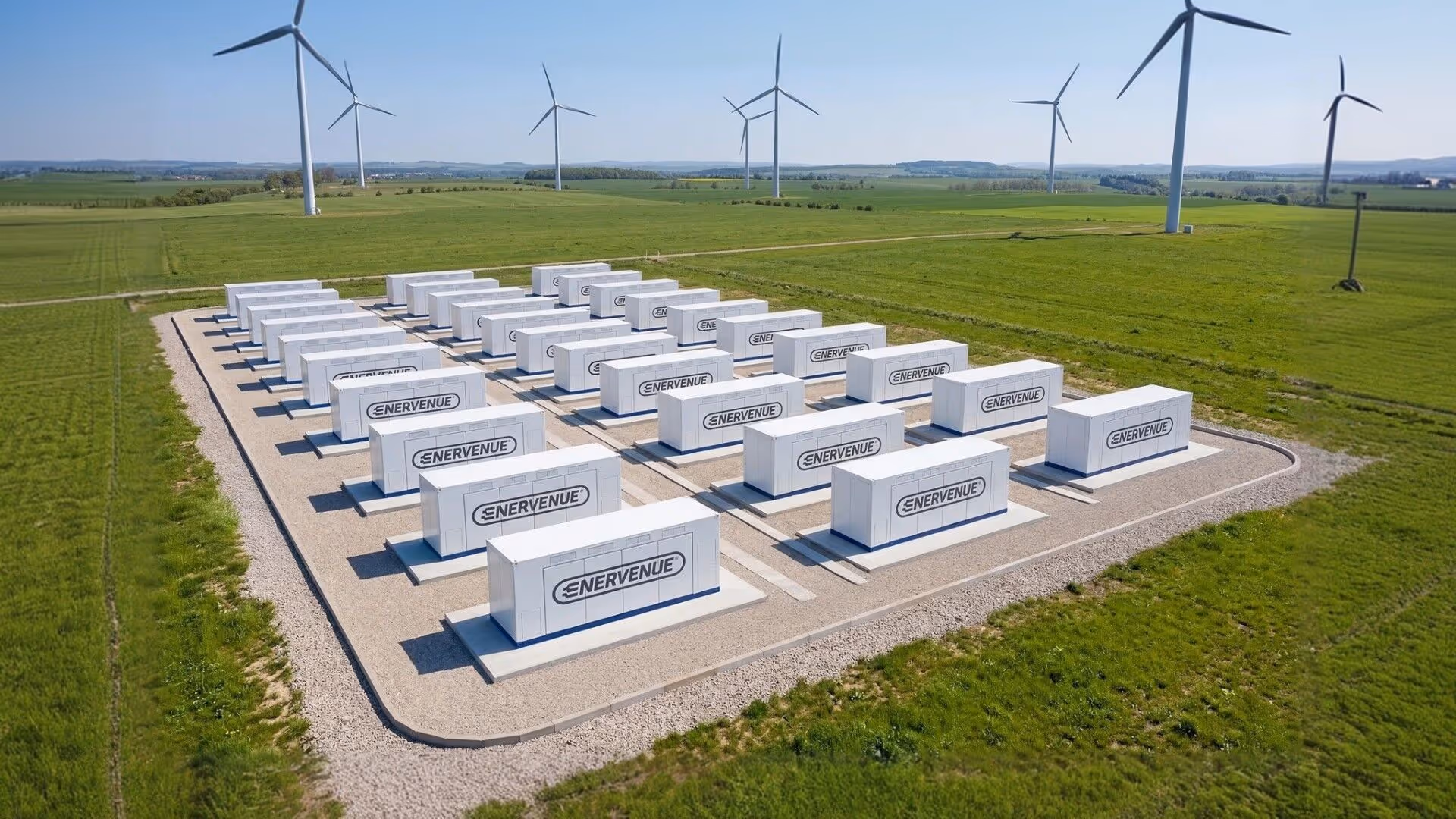 EnerVenue energy storage containers deployed at a wind farm site, illustrating long-duration grid-scale infrastructure