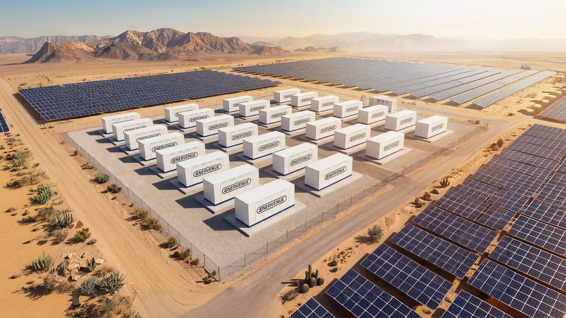 EnerVenue storage containers deployed in a desert environment, representing the company's energy infrastructure mission