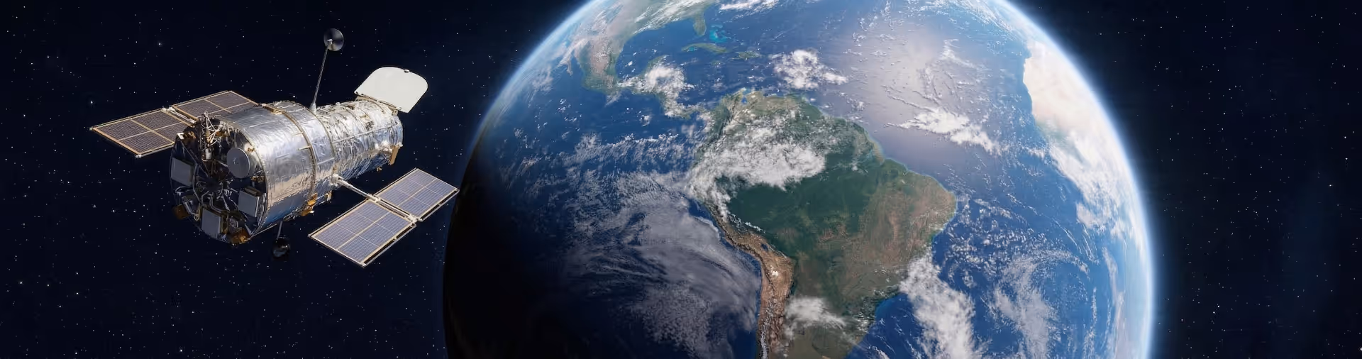 Cinematic view of the Hubble Space Telescope in orbit, illustrating the NASA origins of EnerVenue's nickel-hydrogen technology