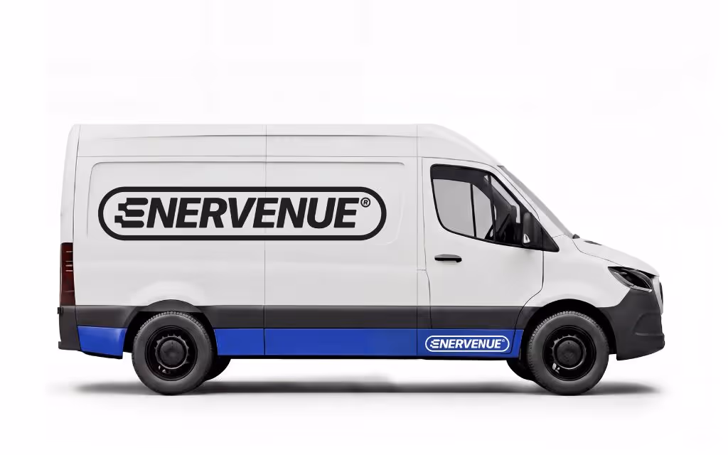 White EnerVenue delivery van with black and blue lower trim and large ENERVENUE logo on side.