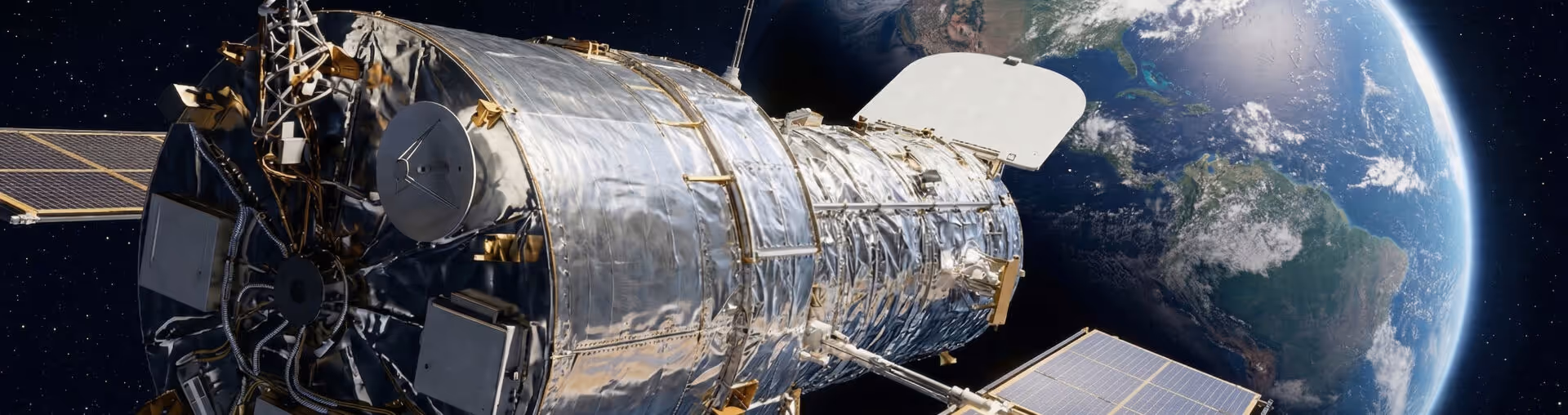 Close-up of the Hubble Space Telescope in orbit, referenced in Ara Ake's independent study citing EnerVenue's 30,000-cycle performance