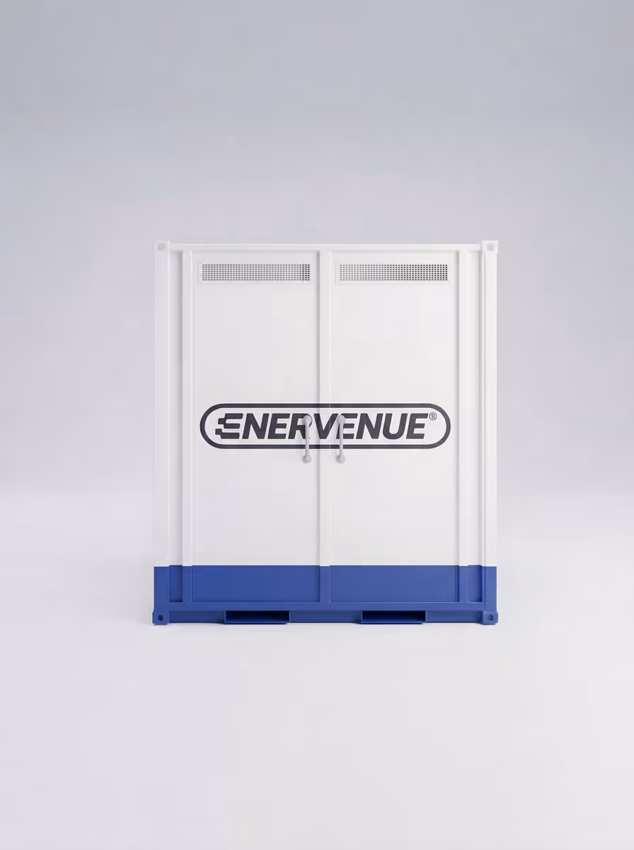 Studio rendering of the EnerVenue Energy Rack, a 150 kWh stackable battery unit for grid-scale energy storage