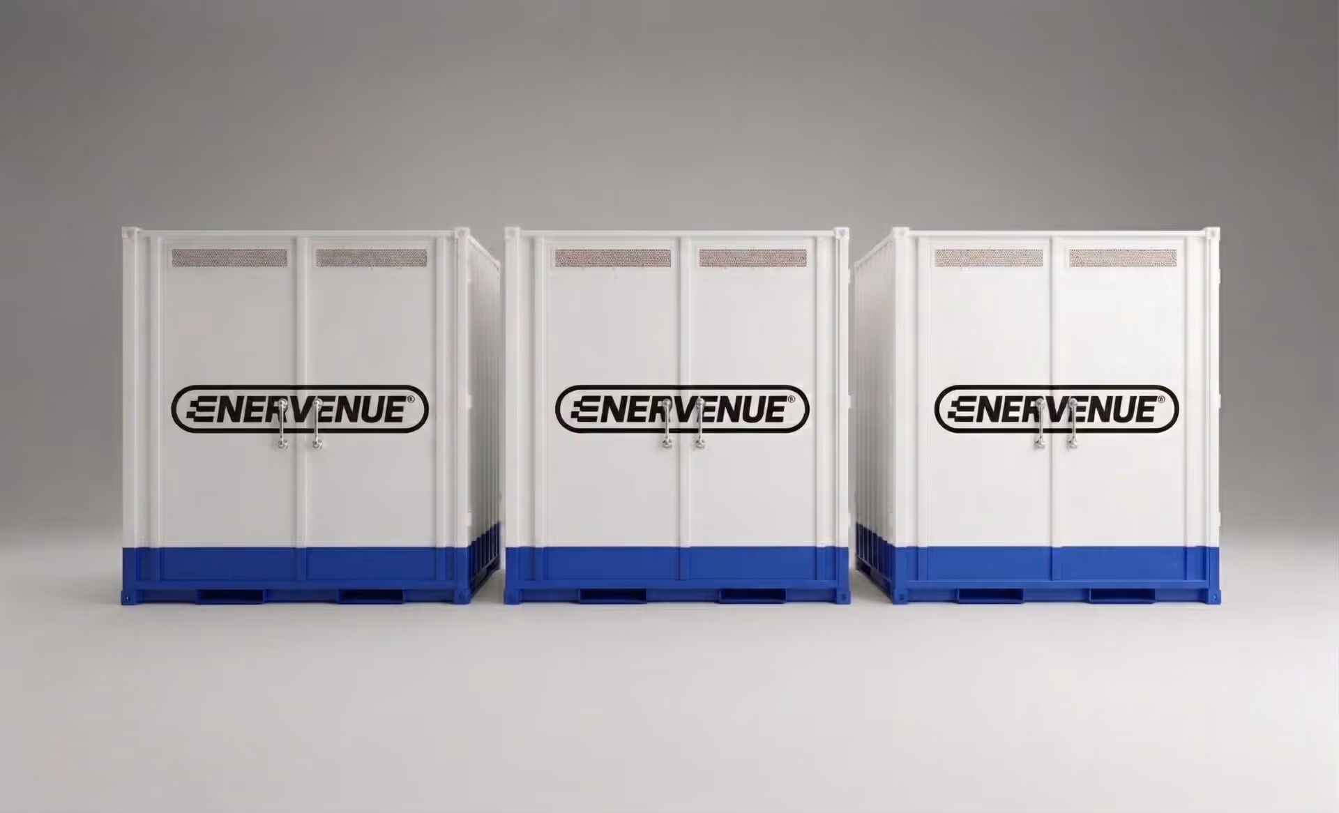 EnerVenue Energy Rack shown in an indoor/outdoor deployment configuration, compatible with 1500 Vdc systems