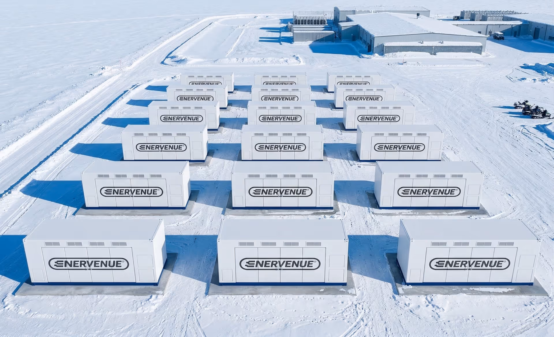 EnerVenue Energy Prism operating in a snowy outdoor environment, demonstrating cold-climate performance