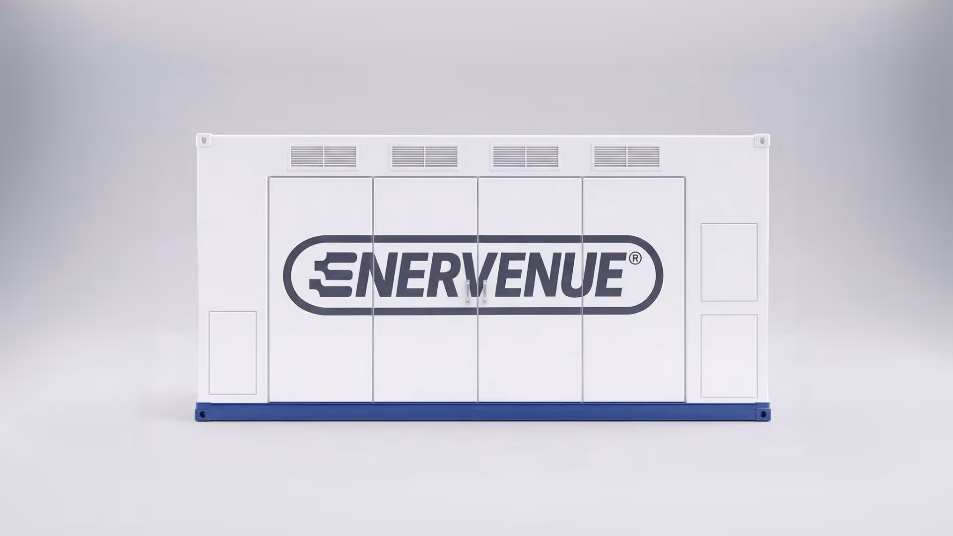 EnerVenue Energy Prism container deployed adjacent to a solar field, illustrating turnkey DC block integration
