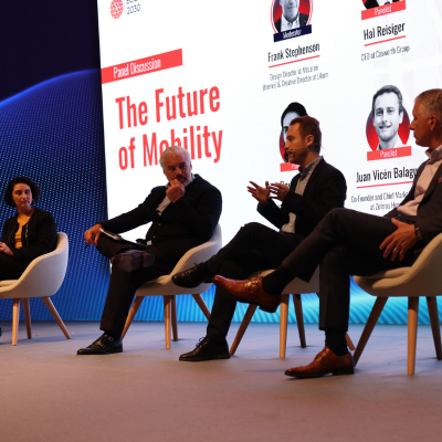 Close view of four panelists on Ecosystems 2030's stage