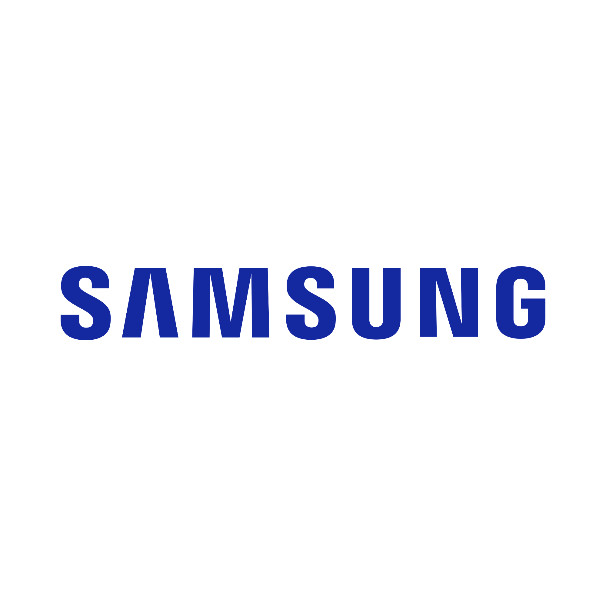 Samsung logo in blue uppercase letters on a black background.