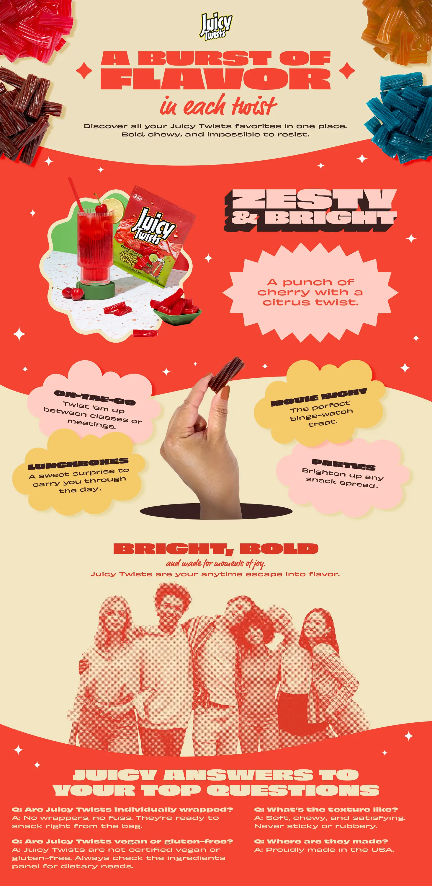 uicy Twists candy brand A+ content page featuring bold retro typography on a red and cream background. Sections showcase cherry-citrus flavor with product photography, occasion callouts — On-the-Go, Lunchboxes, Movie Night, and Parties — lifestyle imagery of five friends, and a FAQ section covering wrapping, vegan and gluten-free status, texture, and US manufacturing.