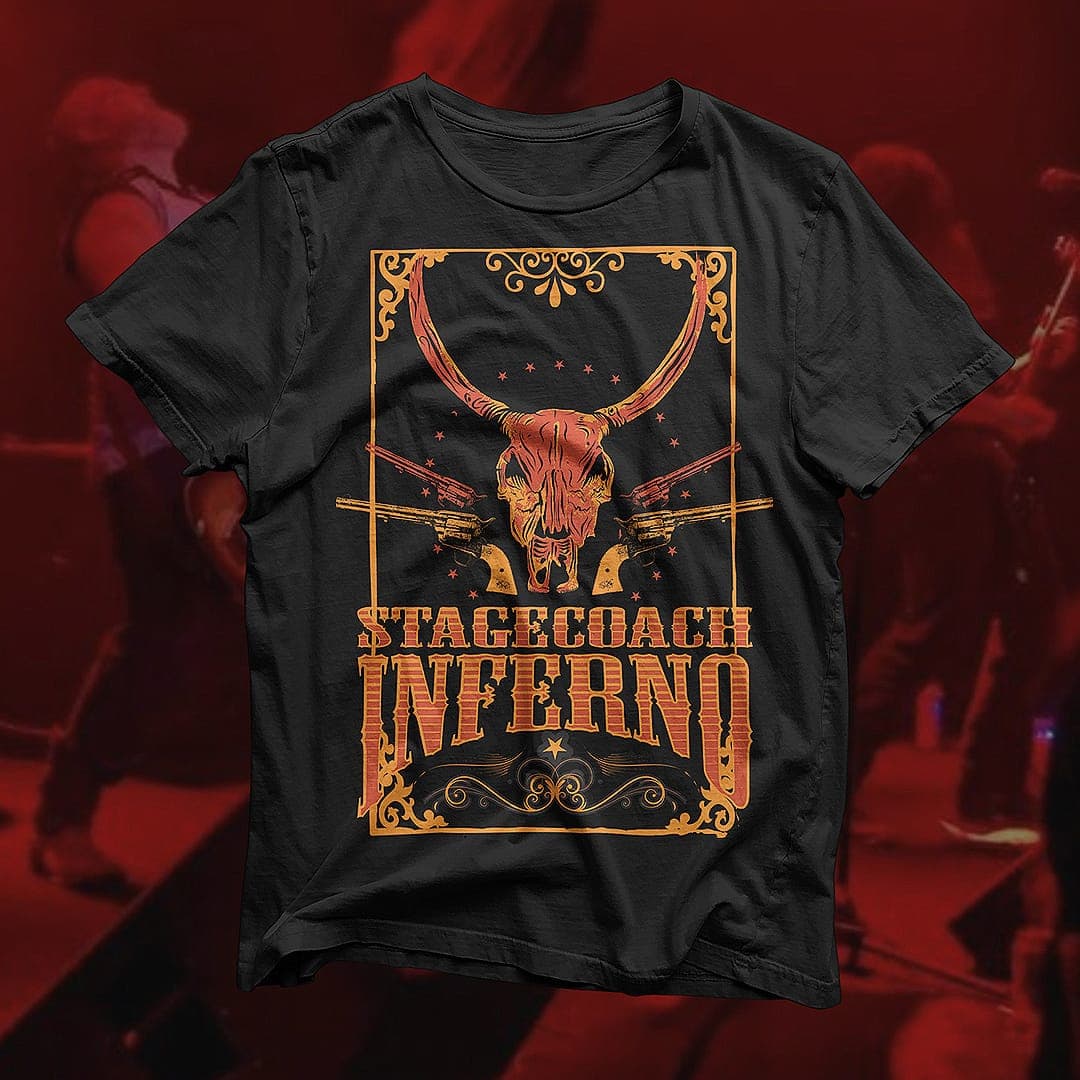 Black t-shirt mockup with a western-style Stagecoach Inferno design featuring a longhorn skull and crossed pistols.