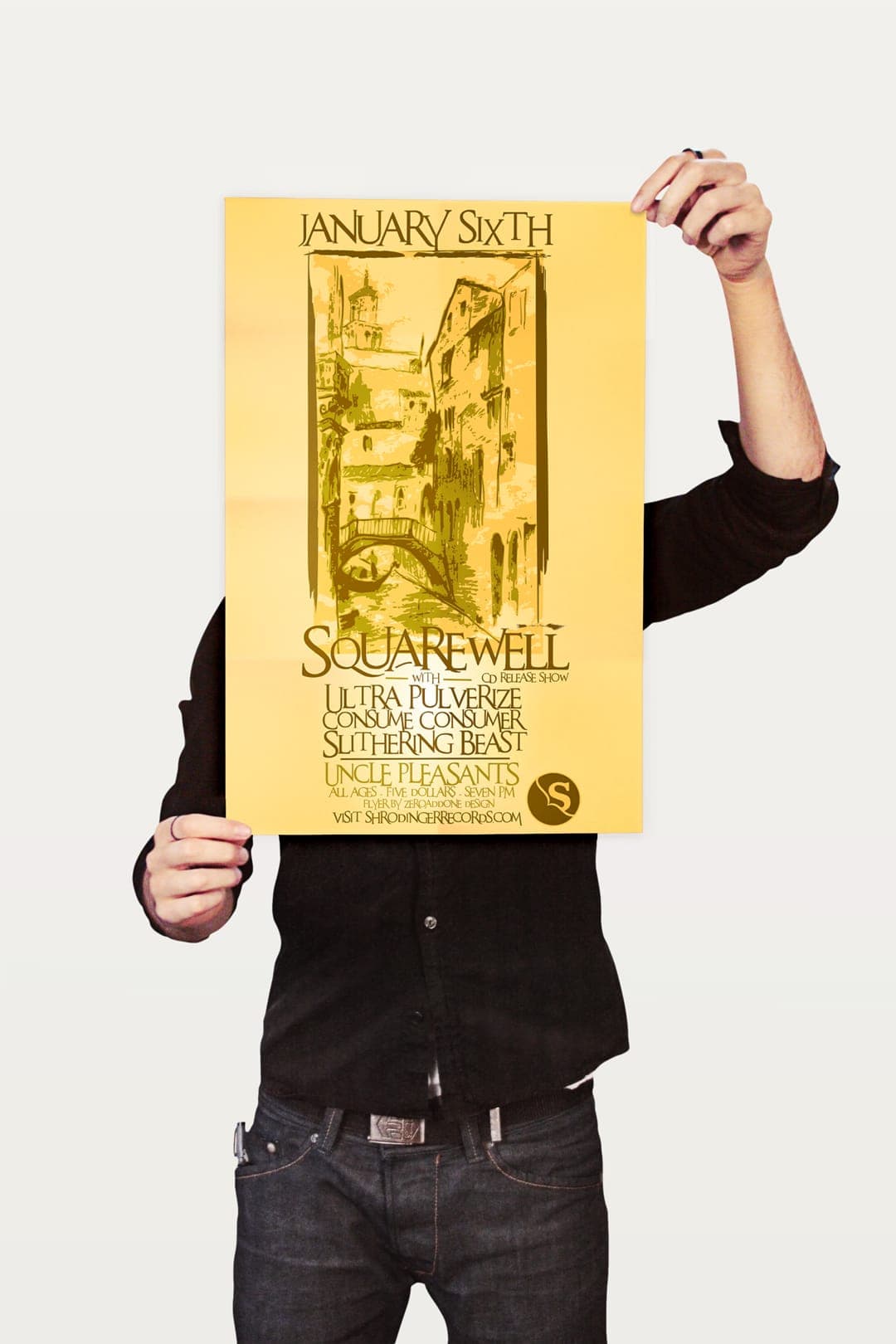 Tan concert poster for "Squarewell" (CD release show) at Uncle Pleasants, held up by a person in a black shirt.