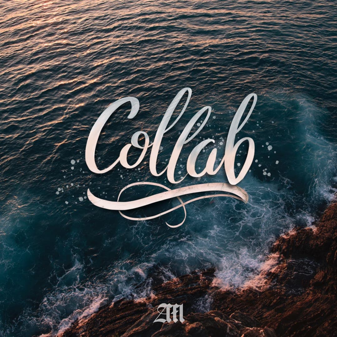 Cursive script reading "Collab" over an aerial photo of ocean waves meeting a rocky coastline.