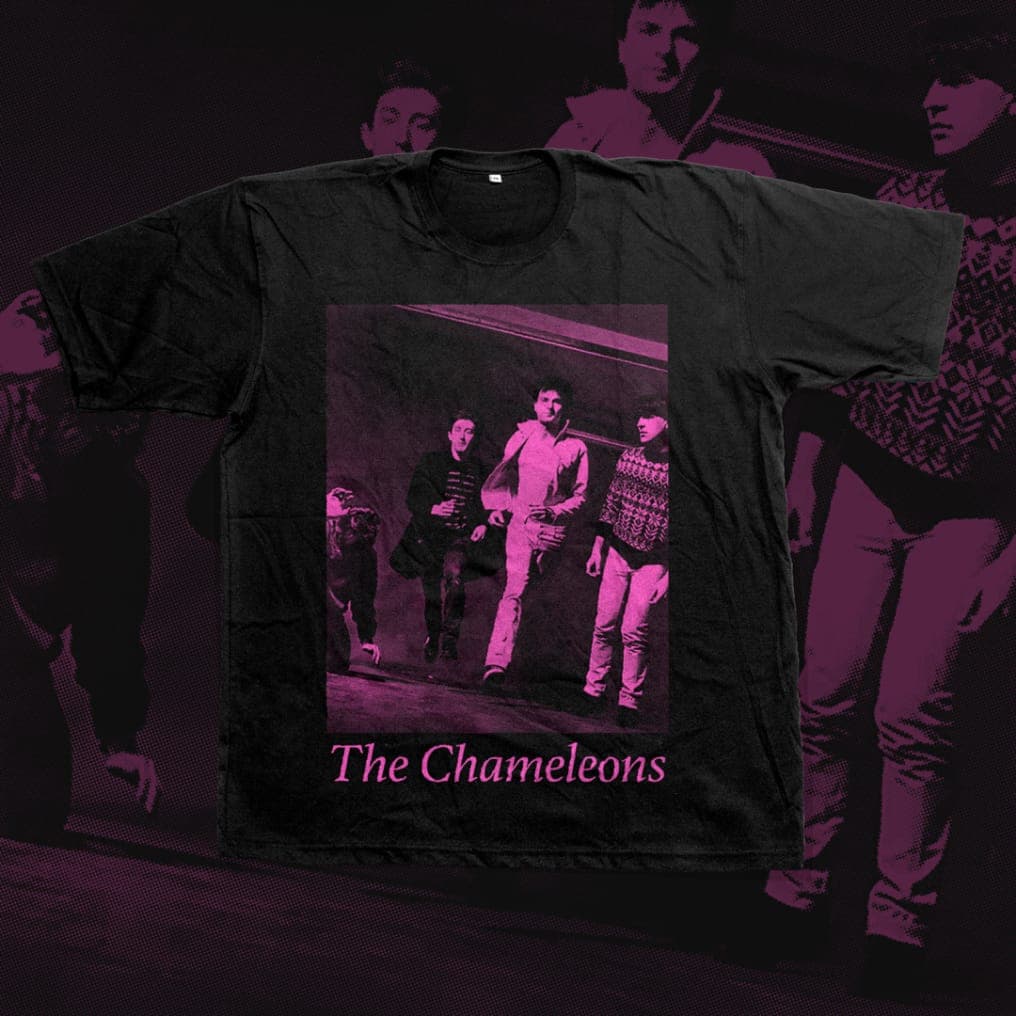 Black t-shirt mockup with a purple duotone band photo and the text "The Chameleons."