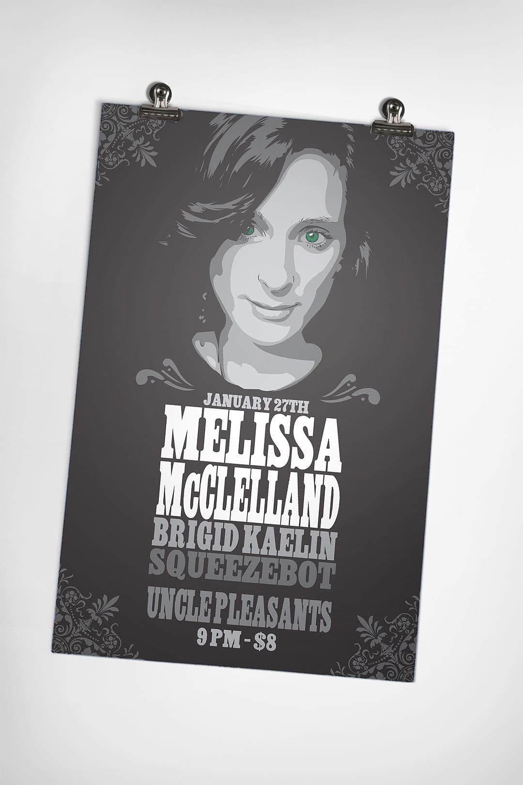 Gig poster for Melissa McClelland, Brigid Kaelin, and Squeezebot at Uncle Pleasants, featuring an illustrated portrait, shown clipped to a wall.