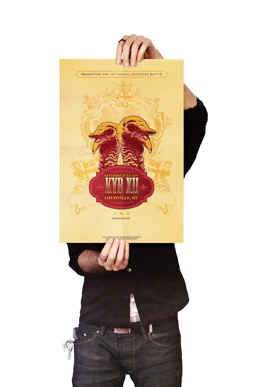 Tan concert poster for "KYB XII" in Louisville, KY, featuring two illustrated ram/goat heads, held up by a person in a black shirt.