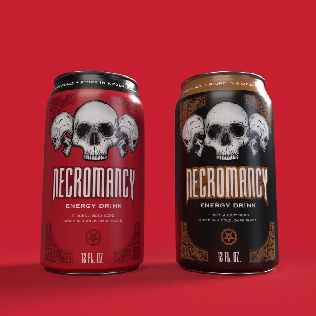 Two "Necromancy Energy Drink" can designs, red and black, each with a triple-skull illustration.