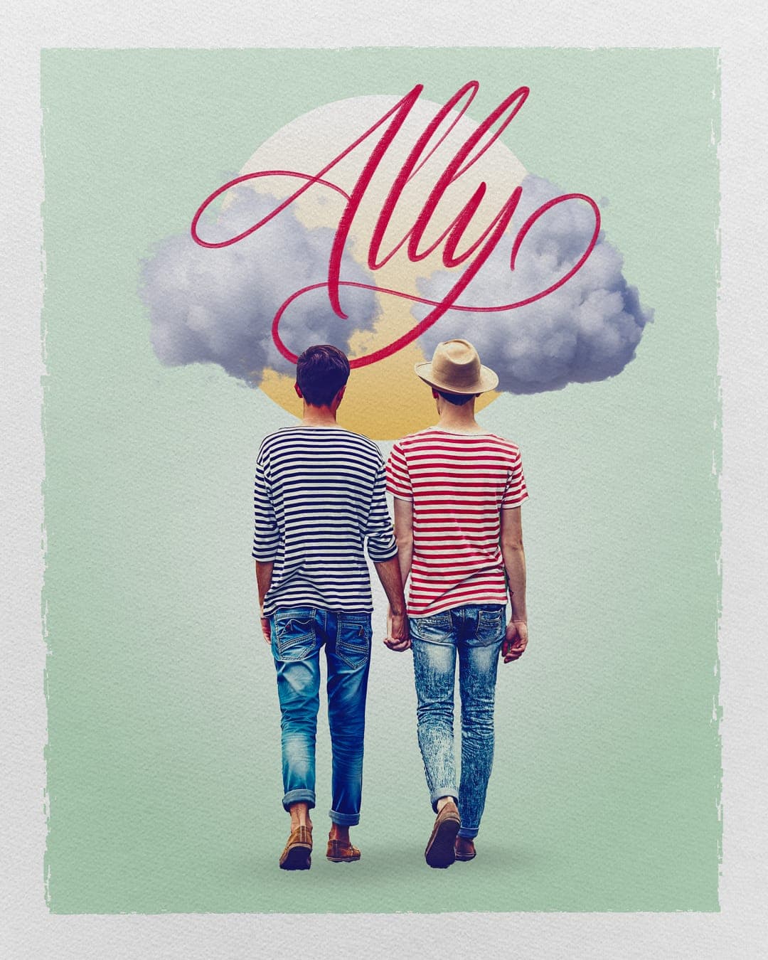 Illustration of two men in striped shirts and denim walking away hand-in-hand under clouds, with cursive "Ally" text.