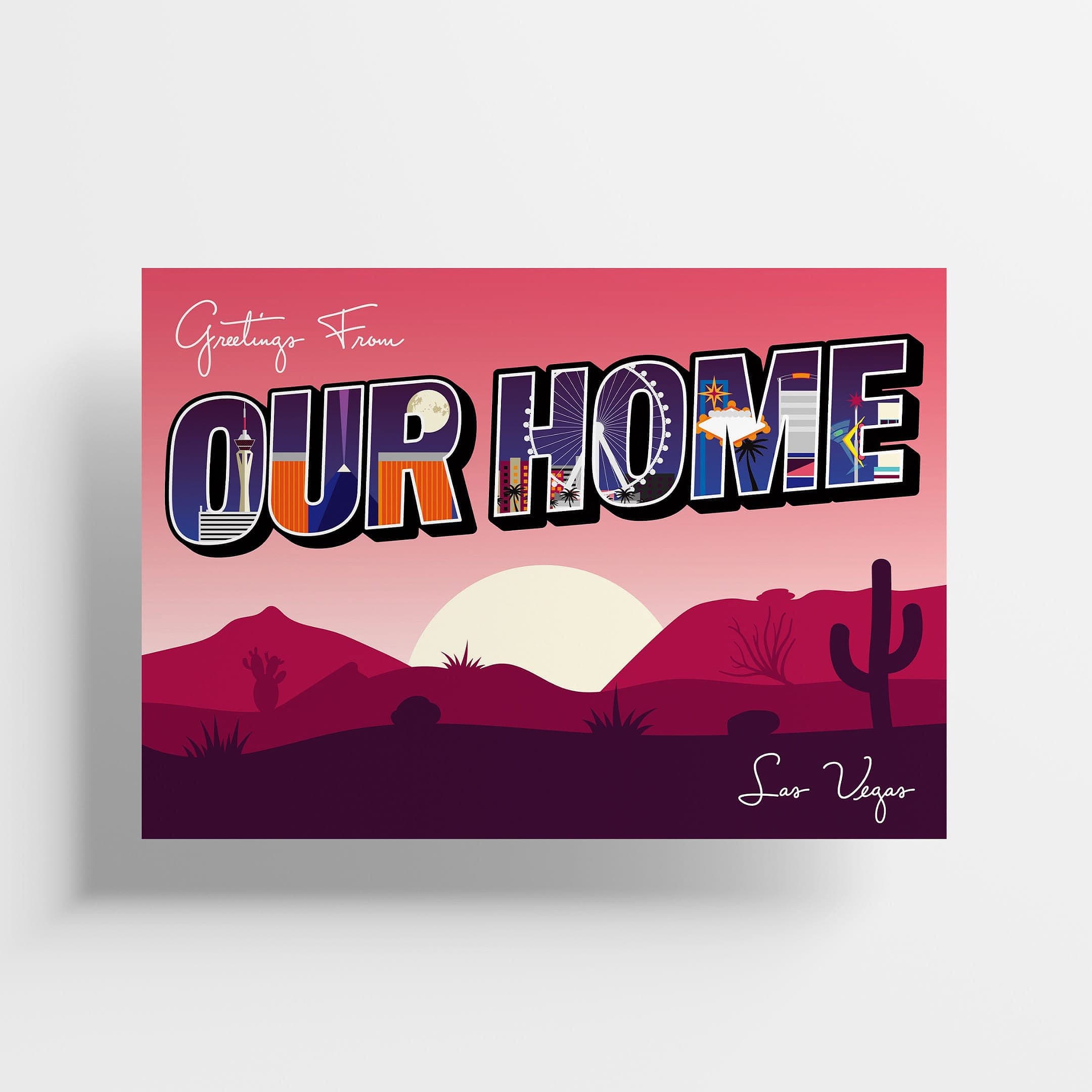 Vintage-style postcard illustration reading "Greetings From Our Home, Las Vegas," with a desert and cactus scene.