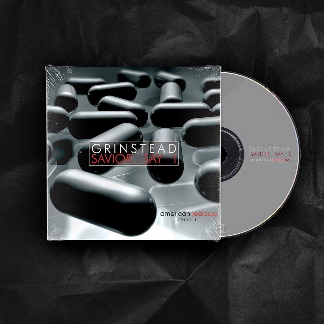 CD and disc mockup for the Grinstead / "American Jealousy" split EP, featuring a chrome, pill-like abstract design.
