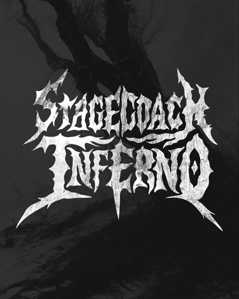 Stagecoach Inferno gothic band logo over a black-and-white tree photo (alternate version of the forest logo).