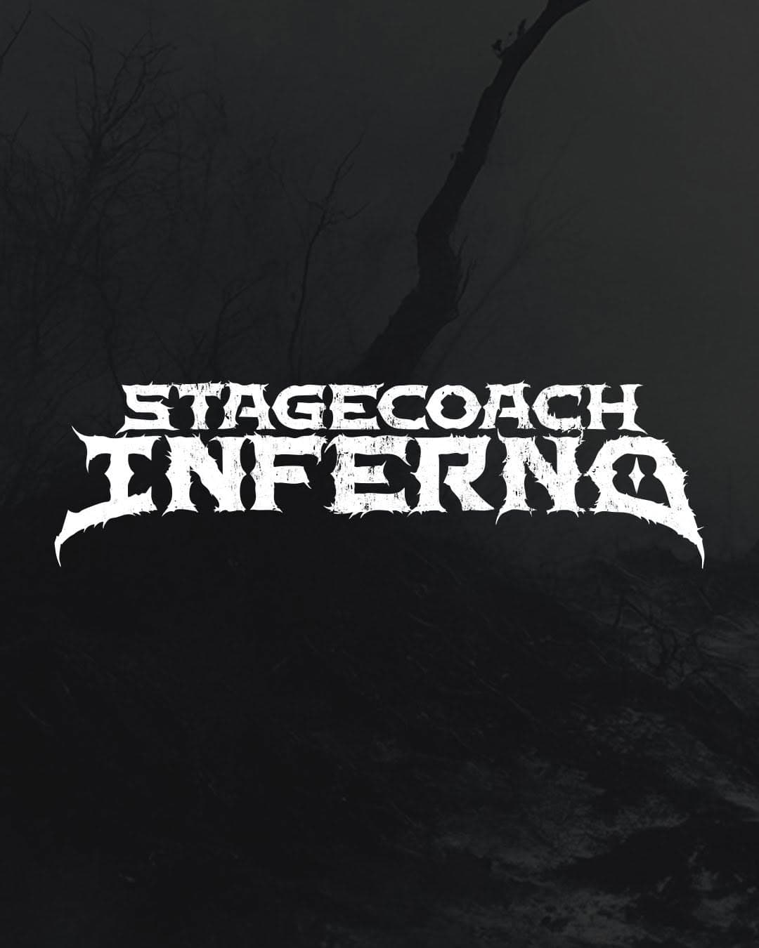 Stagecoach Inferno gothic metal band logo over a dark, foggy forest photo.