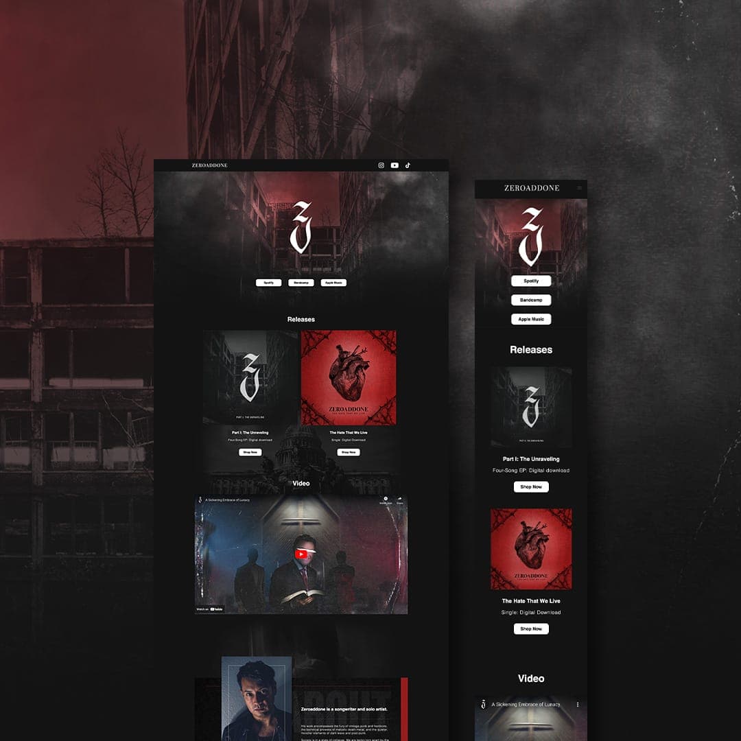 Website mockup for Zeroaddone shown on desktop and mobile screens, displaying releases and a video section.