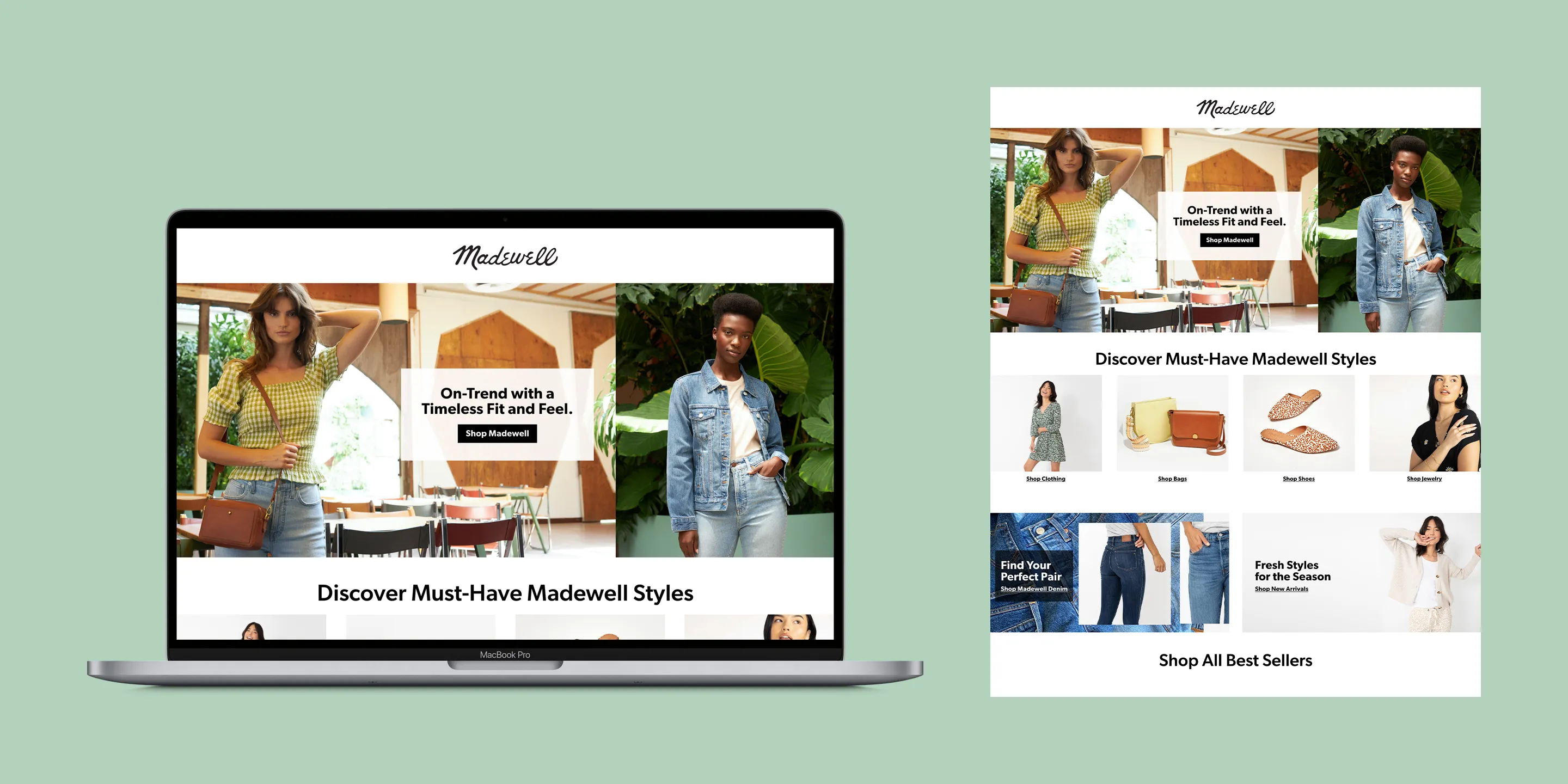 Madewell brand storefront on Amazon shown on a MacBook Pro alongside a full-page view — hero featuring two models in spring styling with an "On-Trend with a Timeless Fit and Feel" callout, a product grid for clothing, bags, shoes, and jewelry, and a denim feature row below.