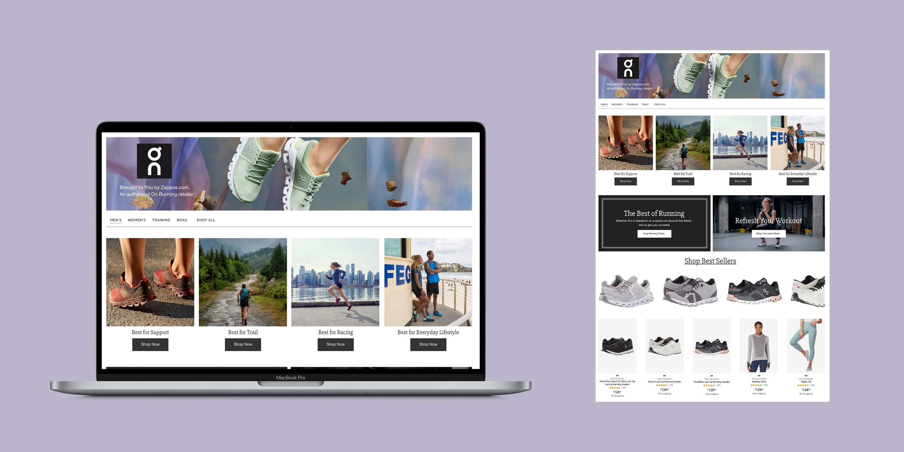 On Running brand storefront on Amazon shown on a MacBook Pro alongside a full-page view — hero of pastel Cloud running shoes, category navigation for Men's, Women's, Training, and Road, four "Best for…" shop cards, and a Shop Best Sellers product grid.