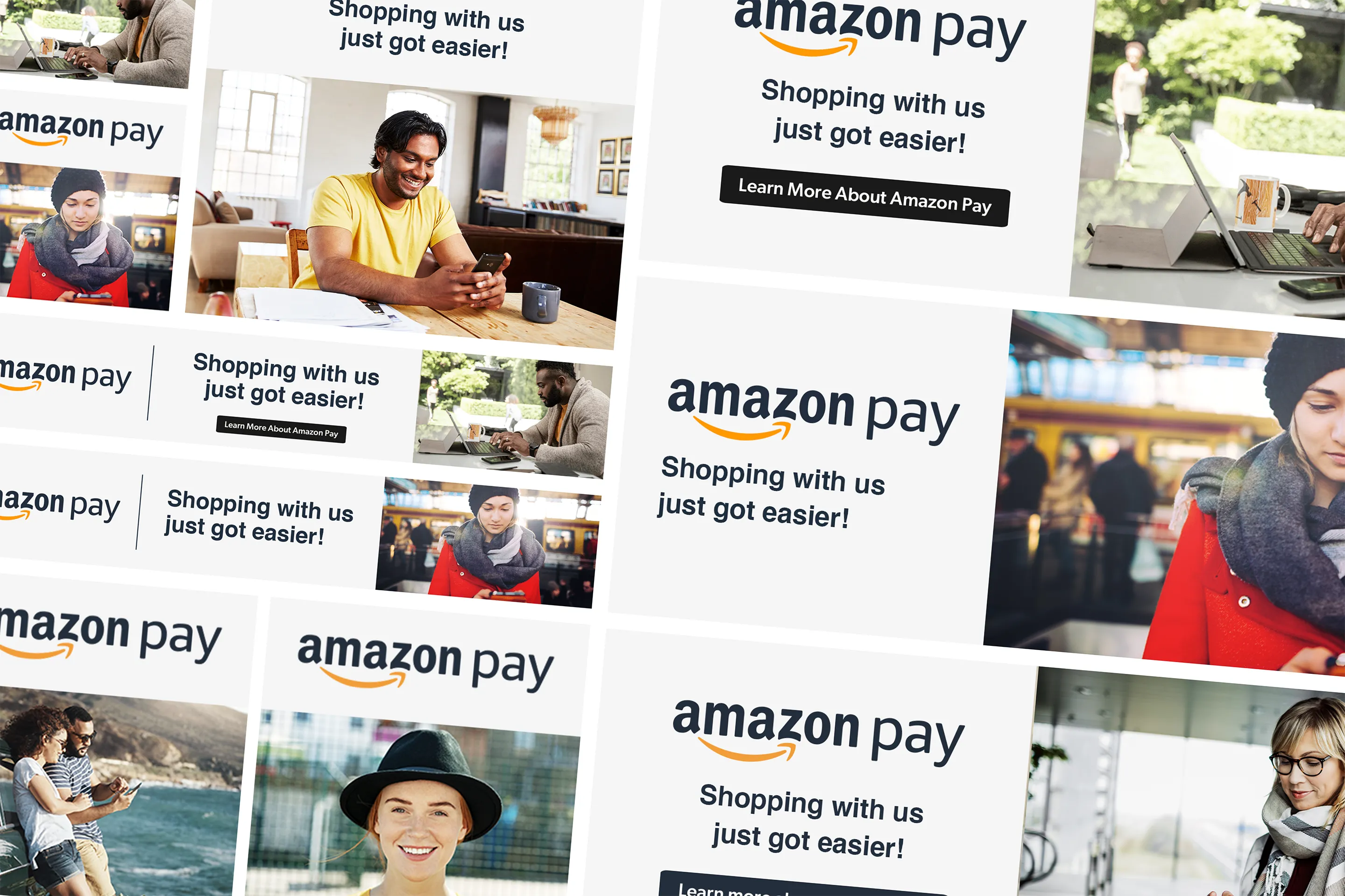 Tilted grid of Amazon Pay display ad variations at multiple sizes and aspect ratios — each carrying the "Shopping with us just got easier!" headline and "Learn More About Amazon Pay" CTA over lifestyle photography, demonstrating the campaign system across
