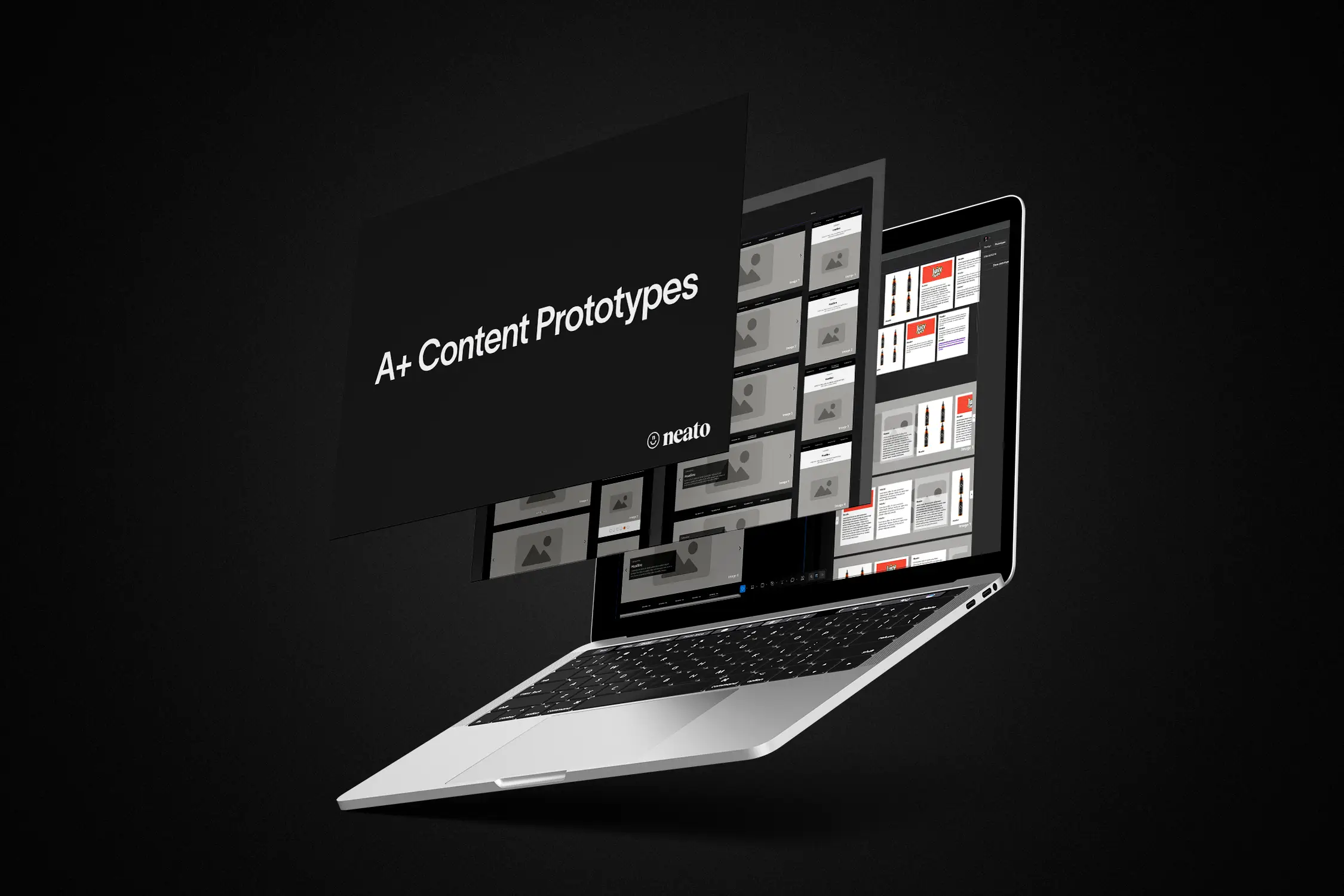 Neato A+ Content Prototypes portfolio mockup showing a MacBook displaying layered Figma prototype screens — wireframe layouts alongside branded content compositions — on a dark background with the Neato logo.