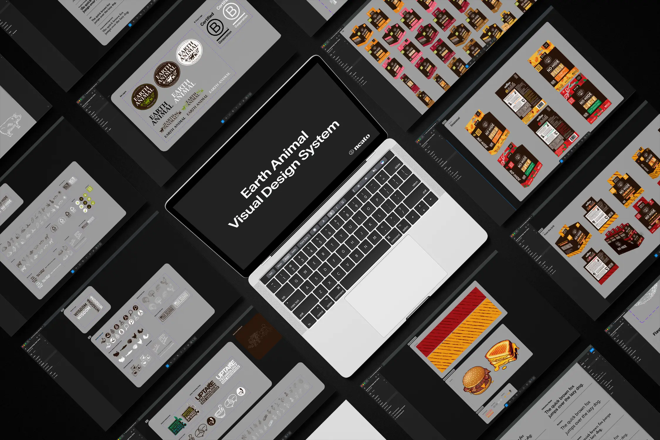 Neato portfolio mockup showing the Earth Animal Visual Design System displayed on a MacBook, surrounded by Figma screenshot tiles on a dark background — featuring brand identity, packaging, typography, and design system components for Earth Animal and No-H