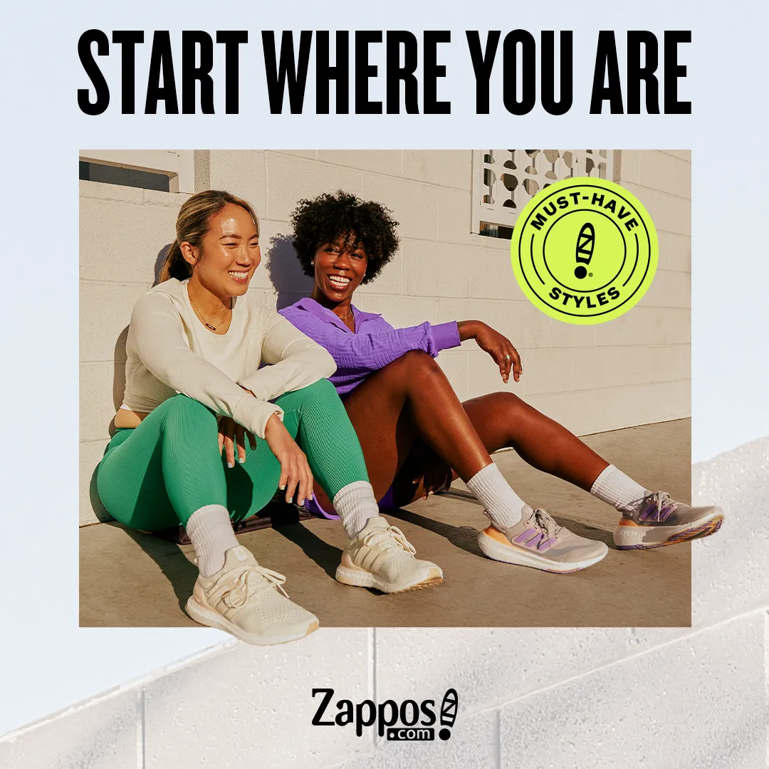 Zappos "Start Where You Are" running campaign — social ad featuring two women in athletic wear with a "Must-Have Styles" badge.