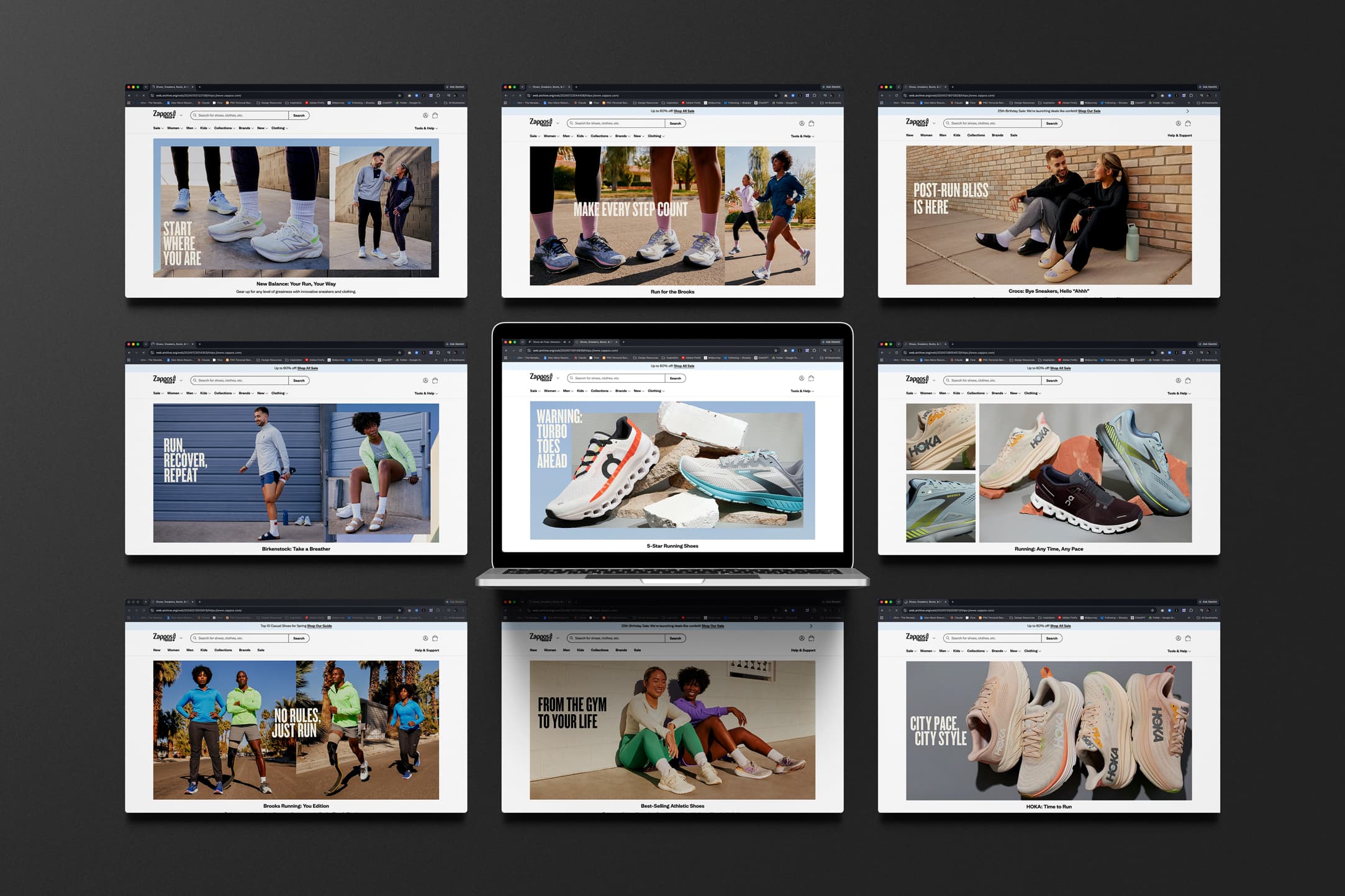 Zappos homepage hero gallery for running campaign — nine running and athletic campaign layouts featuring New Balance, Brooks, Crocs, Birkenstock, On Running, HOKA, and more, spanning seasonal and brand-specific campaigns.