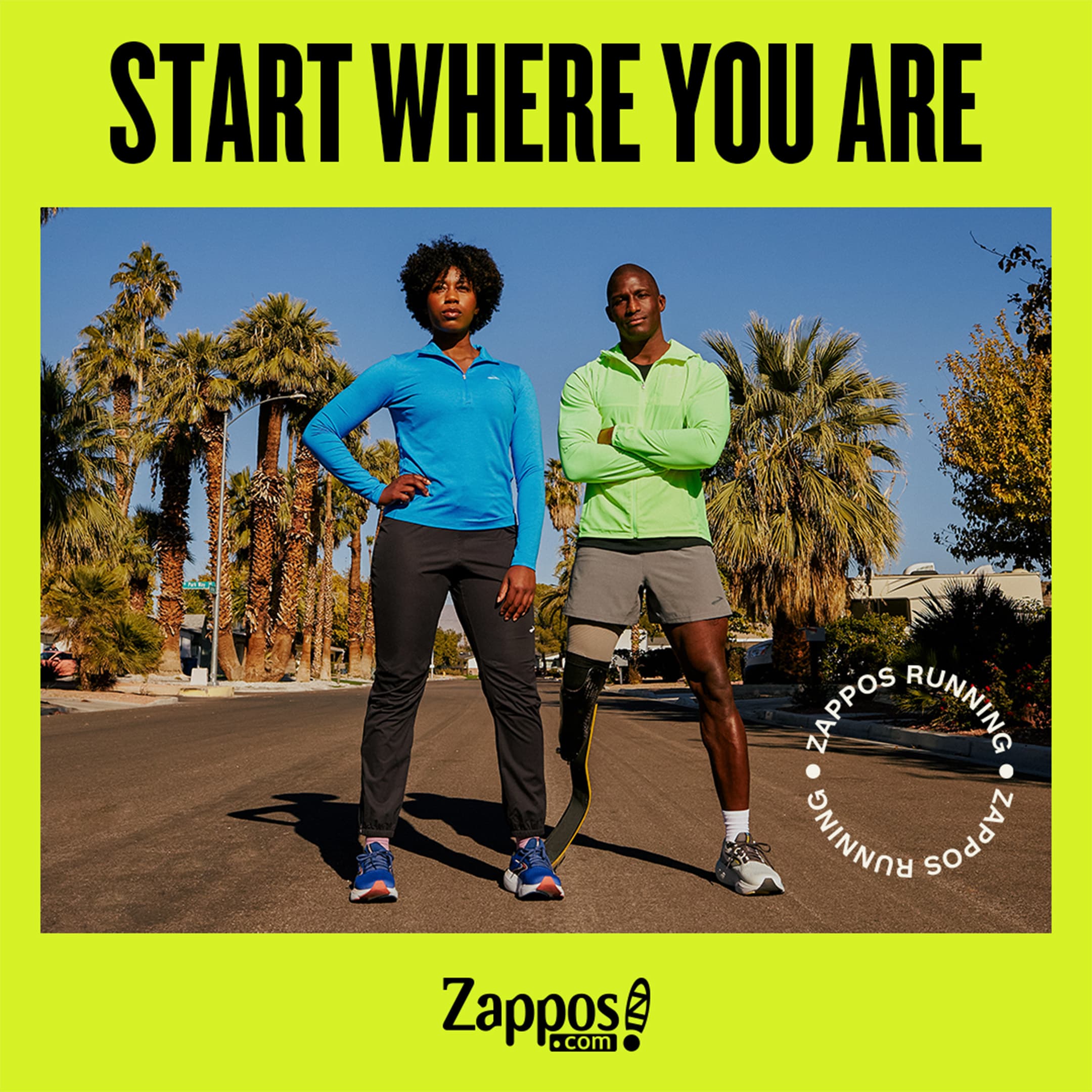Zappos "Run The Day" running campaign — Instagram Story mockup with repeating neon type over a group of runners at Red Rock Canyon.
