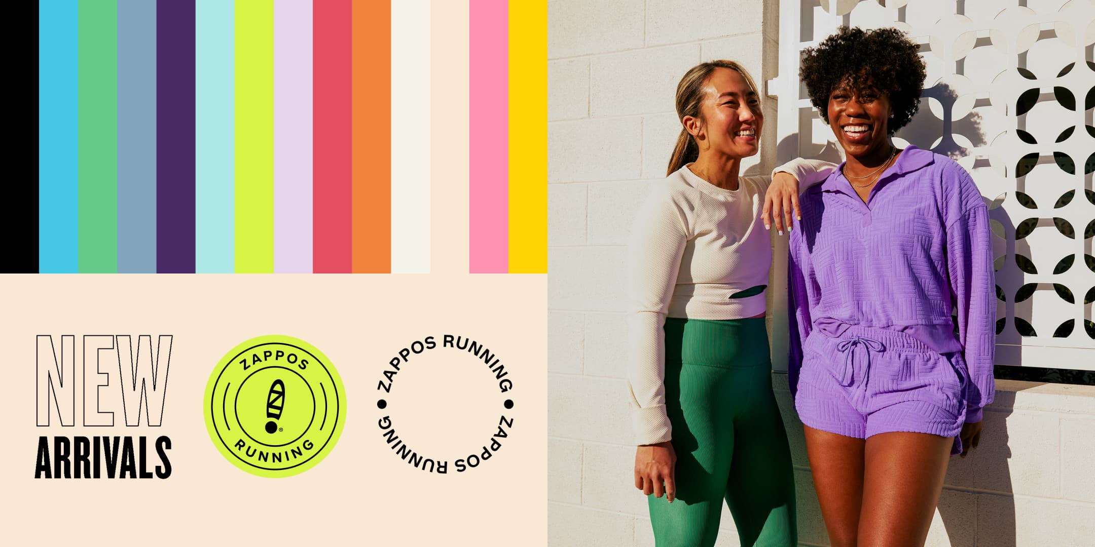 Zappos Running "New Arrivals" banner — color palette strip, Zappos Running badge and wordmark alongside two women in athletic wear against a sunlit wall.