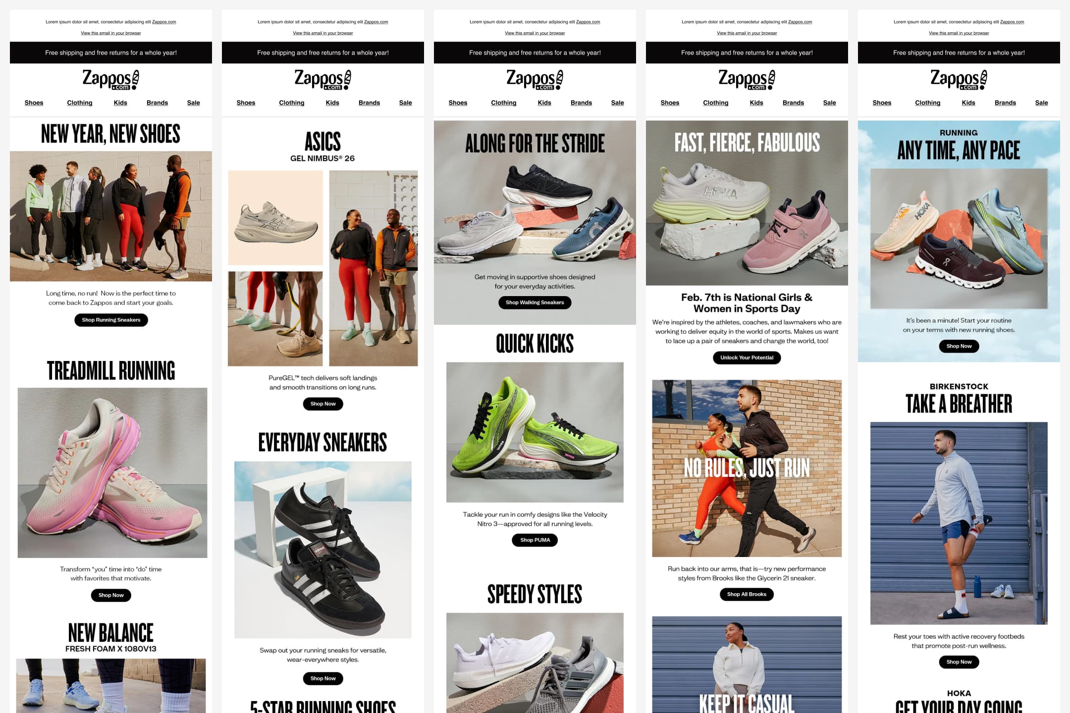 Zappos email design system — five running and athletic campaign emails showcasing modular layouts across New Year, ASICS, walking shoes, National Girls & Women in Sports Day, and Birkenstock campaigns.