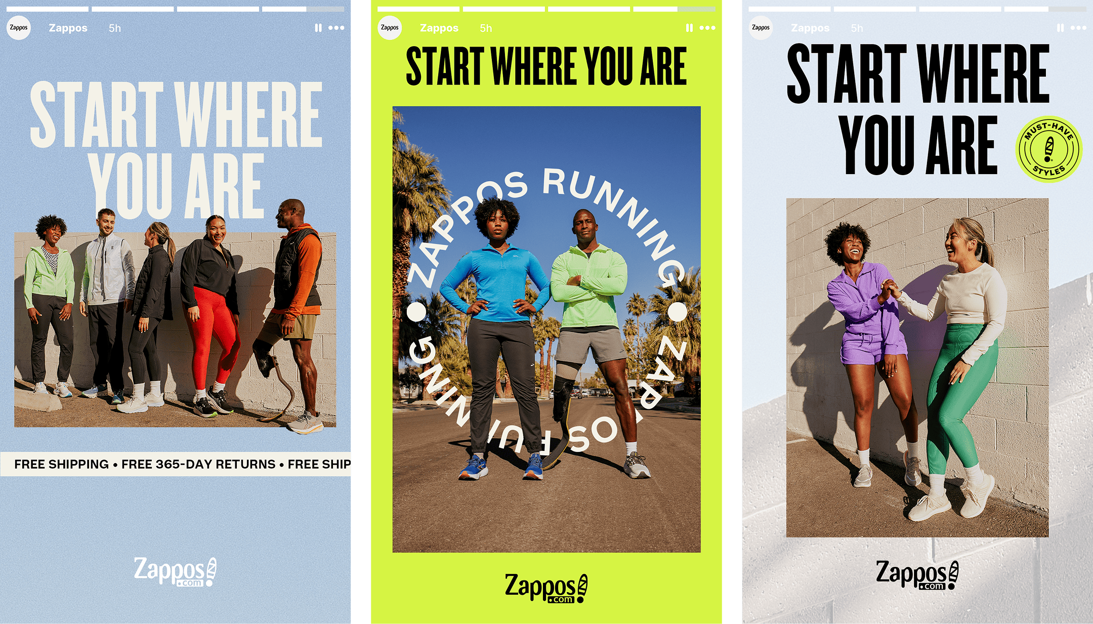 alt textZappos Running "Start Where You Are" — three Instagram Story variations in blue, neon yellow, and light gray, featuring diverse real runners including an athlete with a prosthetic leg.