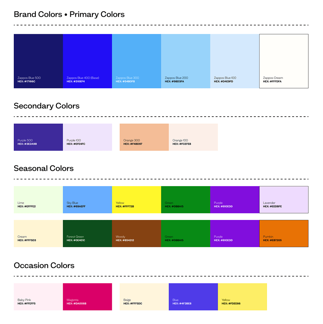 Zappos email design system color palette showing primary blues, secondary purples and oranges, seasonal colors, and occasion colors with HEX values.