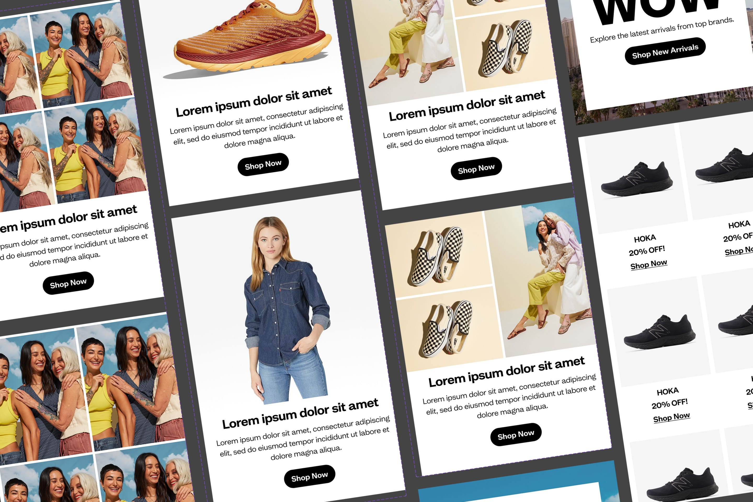 Zappos email typography system with five font stack explorations, showing heading hierarchy, body text, and CTA specs.