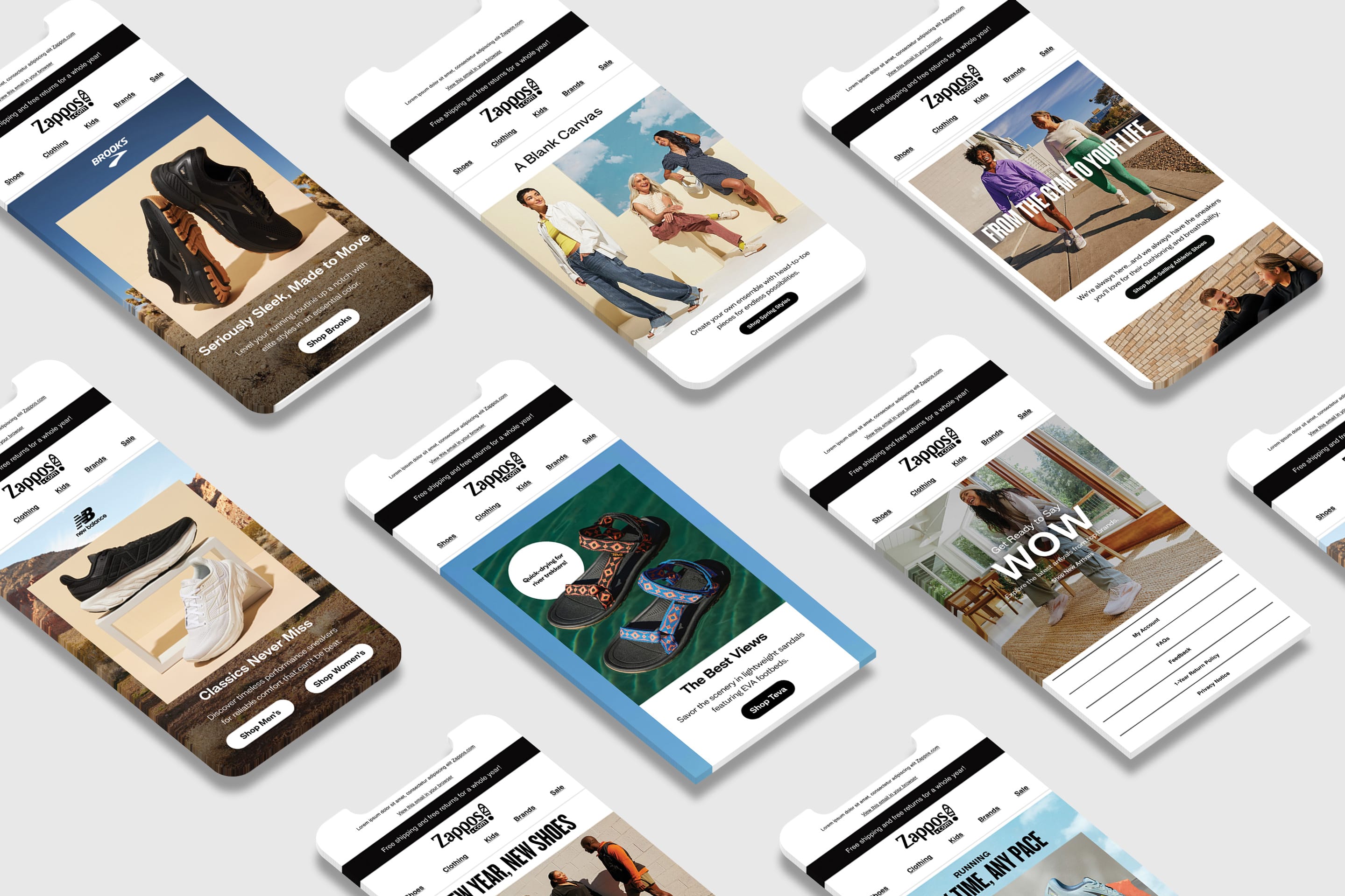 Zappos email campaigns rendered on mobile devices, reflecting the mobile-first design approach.
