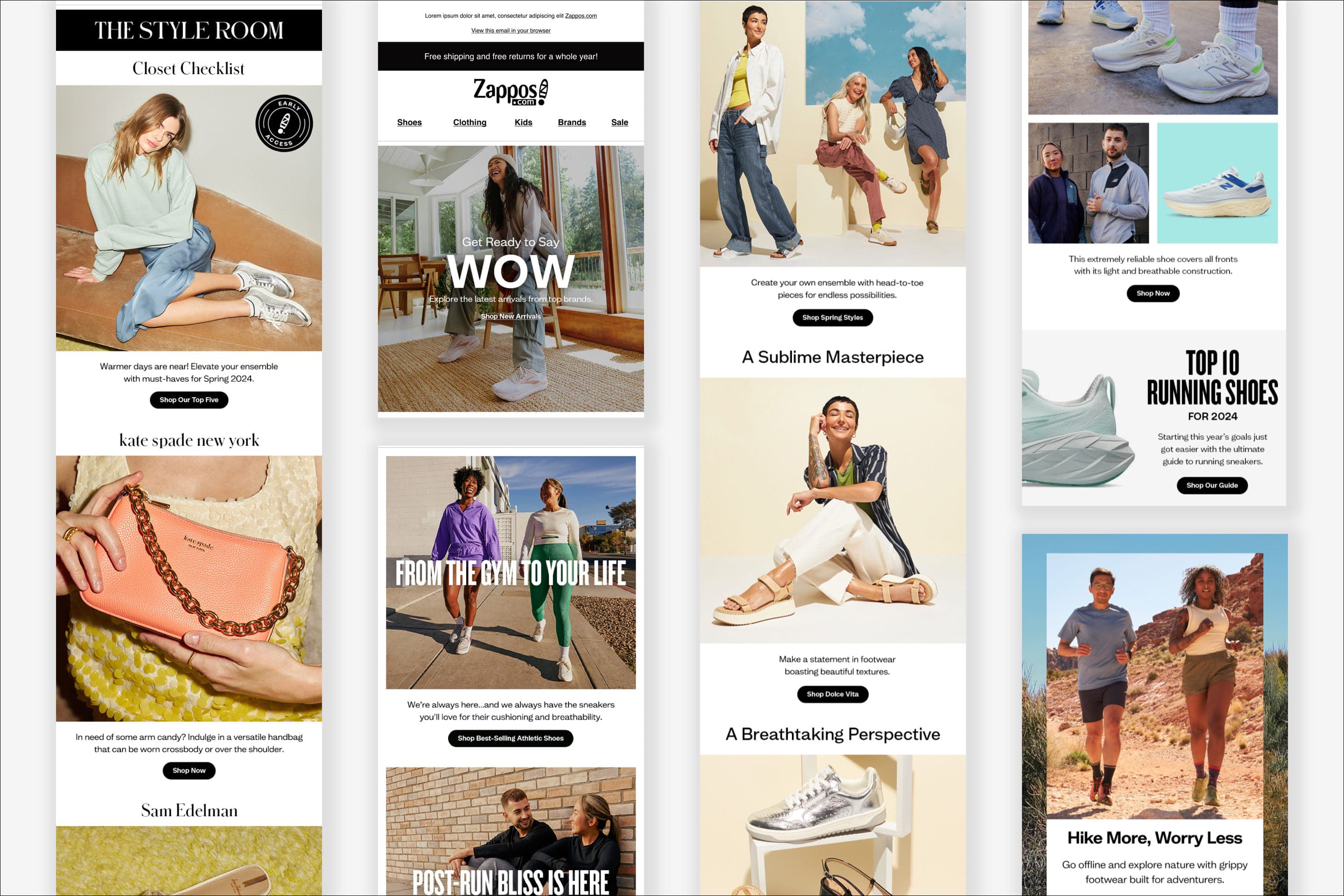 Grid of finished Zappos email campaigns across fashion, athletic, and outdoor categories.