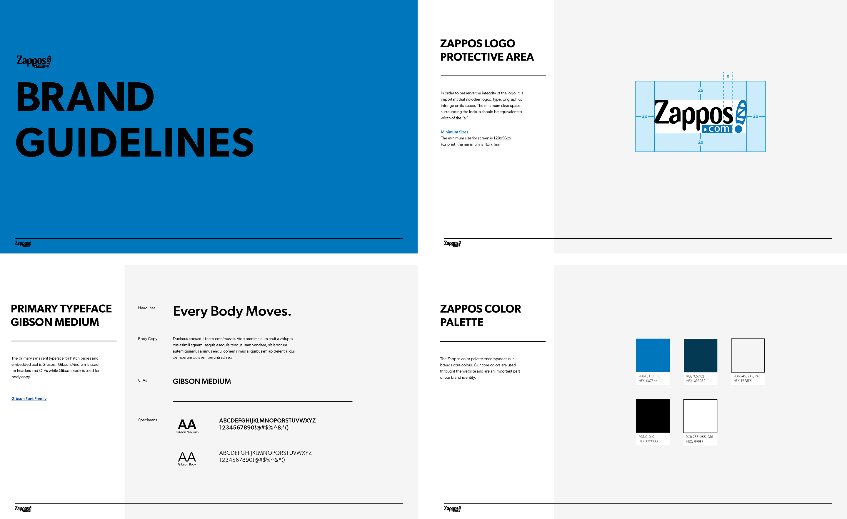 Zappos Brand Guidelines document — cover page, logo protective area specs, primary typeface (Gibson Medium/Book), and core color palette.