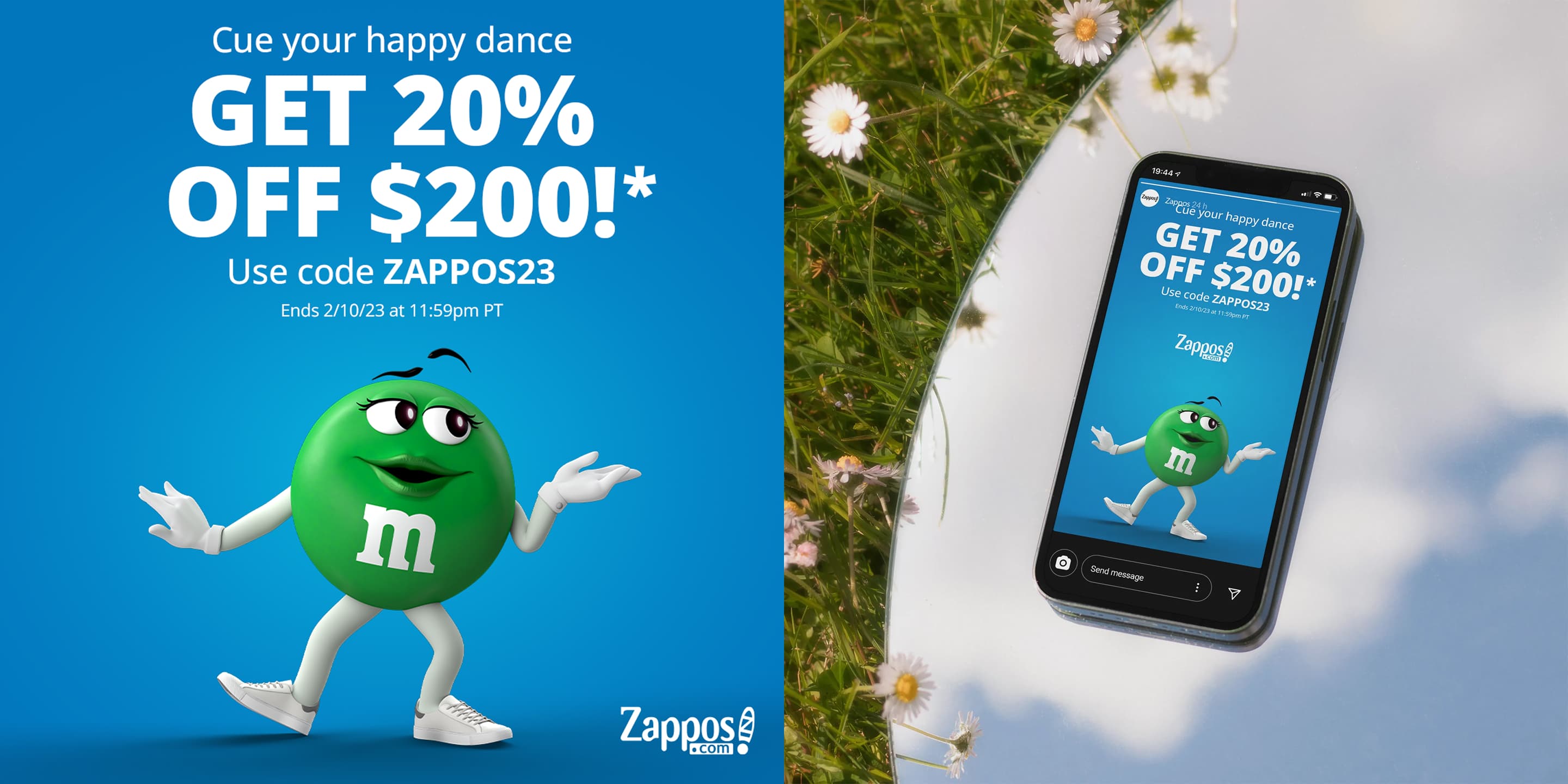 Zappos x M&M's "Cue Your Happy Dance" promotional campaign — social ad and Instagram Story mockup featuring the Green M&M character with a 20% off discount offer.